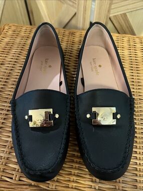 kate spade Black Leather Loafers with Gold Plaque